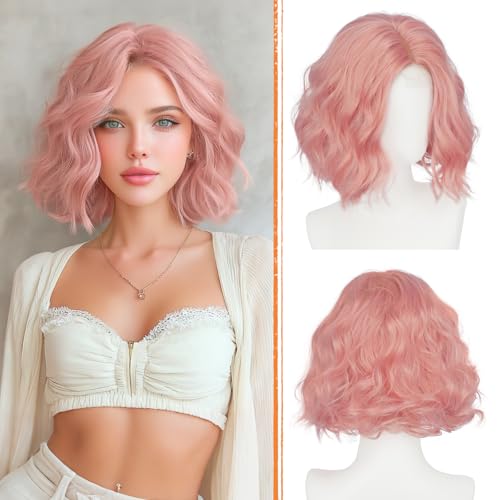 Haloo Pink Bob Wig for Women Lace Front Hairline Short Soft Wavy Curly Natural Looking Middle Part Synthetic Hair Wigs for Daily Party 11 Inch