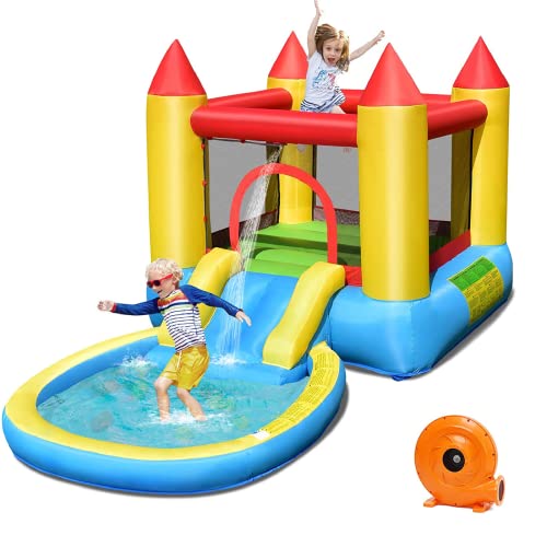 Costzon Inflatable Water Slide, Kids Jumping Castle Bounce House w/Splash Pool, Slide, Ocean Balls, Accessories, Heavy Duty, Outdoor Blow up Water Slides for Kids Backyard (with 580W Air Blower)