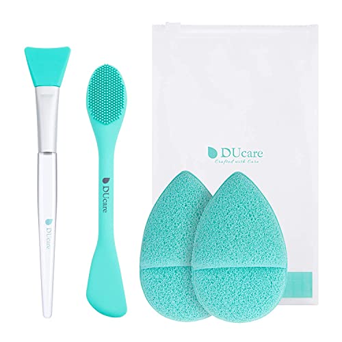 DUcare Silicon Face Mask Brush Manual Facial Cleansing Brushes 4PCS Sponges Face Pad Puff DIY Face Mixing Tool Kit Green