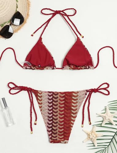 Image of ZAFUL 2 Piece Triangle Bikini for Women Knitted Rope Halter Bikini Sets Sexy Bathing Suit Side Tie Swimsuits Beachwear