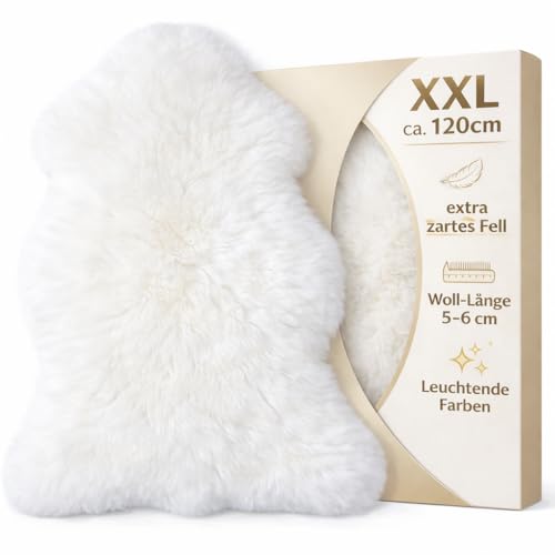 Extra großes Super-Premium Schaffell, Kuschelfell von Lanabest. Weiß. Echtes Lammfell, geruchsarm und superzart. Geschenkqualität. 110-120 cm