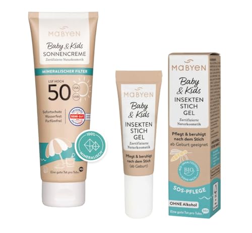 MABYEN Baby & Kids Sommerhelden Set Mineralische Sonnencreme LSF 50 & Insektenstich-Gel parfüm- & alkoholfrei für empfindliche Haut ab Geburt Recycling-Tuben