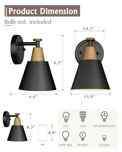 Image of FEMILA Black Wall Sconces, Rustic Industrial Wall Lamps, 1-Light Sconces Wall Lighting with Hammered Metal Shade, Bathroom Vanity Light Fixture for Bedroom Living Room Kitchen,4FG59B BK