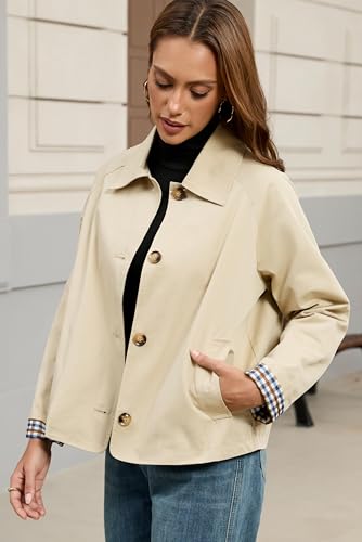 Womens Cropped Trench Coat Single Breasted Classic Lapel Overcoat Plaid Lined Oversized Outerwear2