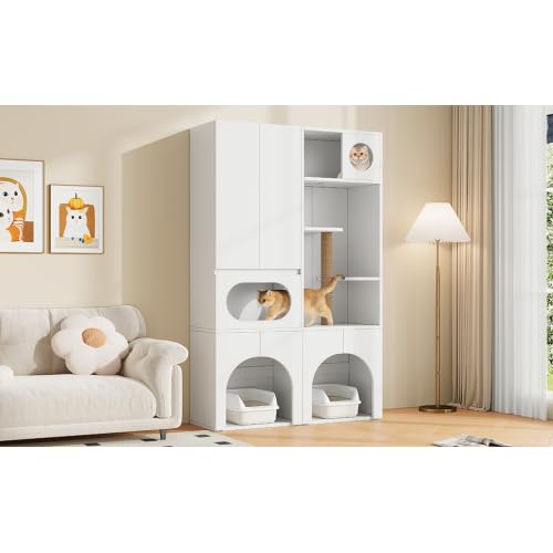 Armario de arena de 195 cm, 2 bandejas con rascador sisal, color blanco