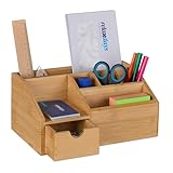 Relaxdays Schreibtisch Organizer, mit Schublade, 6 Fächer, aus Bambus, HxBxT: 11 x 24,5 x 15 cm, Büroorganizer, Natur