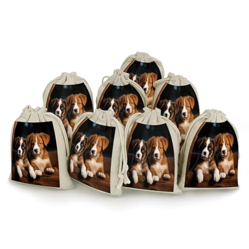 VstaDank 8 Pack Puppies Dogs Pets Animals Burlap Bags - Natural Cotton Linen Drawstring Bags Small Sachet Bag Reusable Gift Jewelry Pouches for Wedding Valentine Christmas Birthday Party Supplies