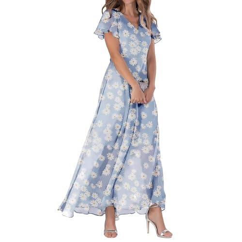 Strandkleid Damen große größen frottee, etuikleid, Damen Kleider Sommer Blumen Chiffon Swing V-Ausschnitt Kurzarm Flowy Rüschen Taille Mode...