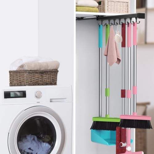 DegMongee Pull Out Broom Holder With Adjustable Double Row Sliding Hook, Multifunctional Slide Broom And Mop Storage/Organizer Garage Organization Hooks, for Closet Laundry Garage Kitchen – 16.14inch