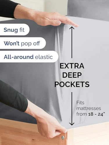 Image of Extra Deep King Fitted Sheet - Single Fitted Sheet Only - Steel Blue | Easily Fits 18 inch to 24 inch Mattress, Soft, Wrinkle Free, Breathable & Comfy, Extra Deep Pockets Hotel Luxury Fitted Sheet