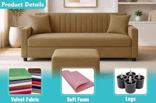 Image of Urban Decor 3 Seater Wooden Sofa Set with Matching Ottoman, Modern Channel Tufted Velvet Fabric Couch for Living Room-Golden