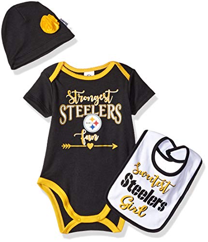 Image of NFL Pittsburgh Steelers Baby-Girls Bodysuit, Bib & Cap Set, Black, 3-6 Months