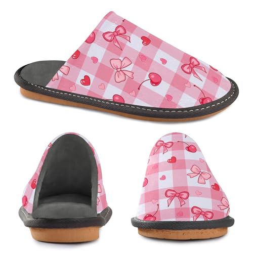 Slippers for Women Pink Checkered Background Cherry Bow Pattern Soft Winter Warm Shoes Indoor Outdoor Non-Slip House Travel Slippers4