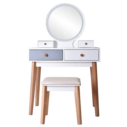 WISREMT Bedroom Luxury Real Wood Dressing Table, Fashion Simple Three Color Adjustable Makeup Table with Lamp