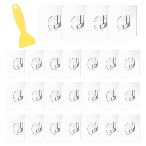 KINDOYO 25 Pezzi Trasparenti Autoadesivo Gancio - Gancio Adesivo Multiuso Impermeabili Con Raschietto