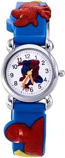 ساعة يد للأطفال مع حزام سيليكون ازرق ، تصميم مناسب للاولاد ، مينا بيضاء، إطار فضي