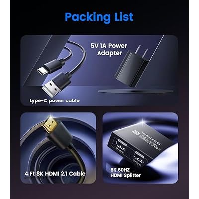 HDMI 2.1 Splitter 1 in 2 Out 8K@60Hz w/ 4ft 8K HDMI Cable, HDCP 2.3 4K@120Hz HDMI Audio Splitter for Soundbar, Support VRR, ALLM, HDR10+, Dolby Vision/Atmos 7.1ch, Down Scaler, 48Gbps for PS5