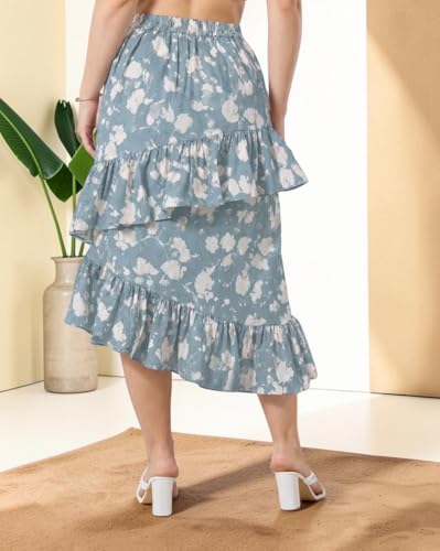 Image of OOMPH! Women Floral Printed Asymmetric Ruffled Midi Skirt | Elegant Flowy Fit | Mid-Rise | Lightweight & Breathable | Flared Hem | Summer Casual Skirt