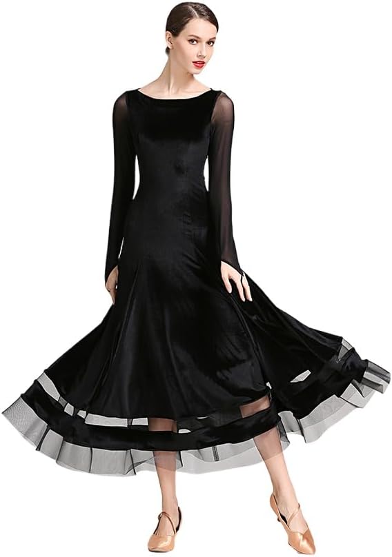 HEARTTOUCH Women's Ballroom Dance Dress Velvet Modern Waltz Tango Dresses Elegant for Dance Competitions Performances Events
