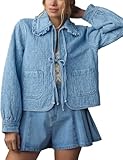 Kedera Womens Denim Jacket Casual Long Sleeve Peter Pan Collar Denim Shirts Tie Front Shacket Loose Fit Top Quilted Coat