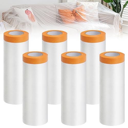 ANZOAT 6 Rollo Película Protectora y Cinta Adhesiva de Pintor para Enmascarar, 150cm * 20m Plasticos para Protector Pared Cubrir Muebles Pintor, Película Antipolvo, a Prueba de Polvo, Agua y Pintura