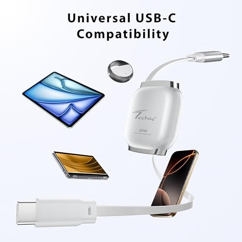 Image of Techie Type-C to Type-C Retractable Cable White 60W USB-PD Fast Charging 1m Flat TPE Copper Cable for Smartphones, Tablets & Laptops