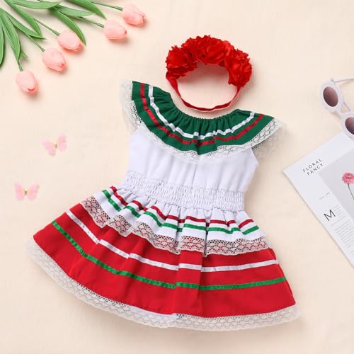 Baby Girls Mexican Outfit Multi Toddler Colored Satin Ribbon Traditional Folk Drape Dresses and Headband 3-18M3