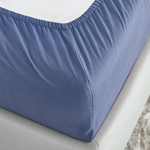 Image of TRIDENT Namaste King Size Solid Fitted Bedsheet Set- 100% Cotton- 3-Piece Bedding Sheet Set with 2 Pillowcases-Softness- 150 TC-Fitted bedsheet- Linen Look- Sustainable (Vintage Indigo)