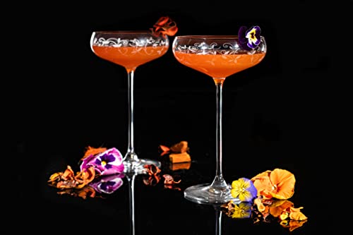DIAMANTE Champagne, Cocktail or Prosecco Coupes/Saucers Glasses Pair with Arabesque Floral Etched Design in a Gift Box - Image 6