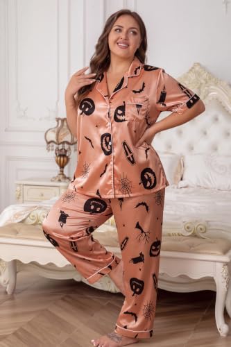 Image of Vozanet Women's Button Down Satin Pajama Sets Silky Short Sleeve Top & Pants Plus Size Loungewear Classic Sleepwear XL to 5XL