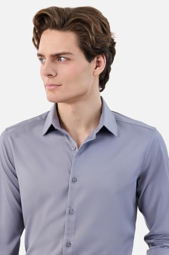Image of SNITCH Men Formal Shirt | Tailored Slim Fit Full Sleeve Spread Collar Solid Style | Breathable Polyester Viscose Blend Twill Fabric for Office & Evening