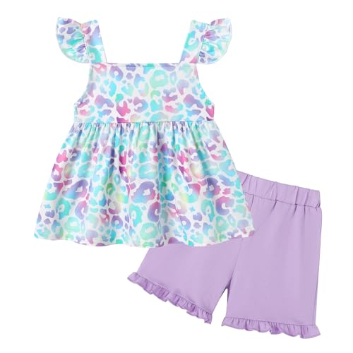 YUEMION Toddler Girl Clothes, 2Pcs Baby Girl Summer Outfits Ruffle Sleeveless Shirts Floral Tops + Shorts Clothing Set(Colorful Leopard + Purple, 4-5T)