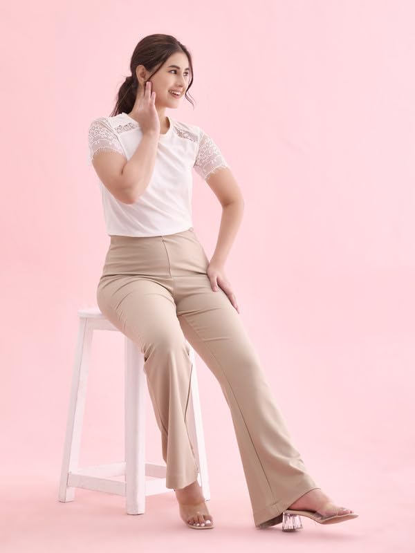 Image of GO COLORS Soft Cotton Stretch Flared Pant Full Length for Women| Breathable, High Rise