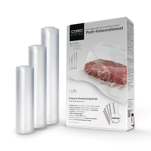 CASO Profi- Folienset 4, 3x Folienrolle (1x20x600cm, 1x25x600cm, 1x30x600cm), Vakuumierbeutel, Vakuumbeutel für Lebensmittel, reißfest 150µm, Vakuumierfolie Sous Vide, BPA-frei