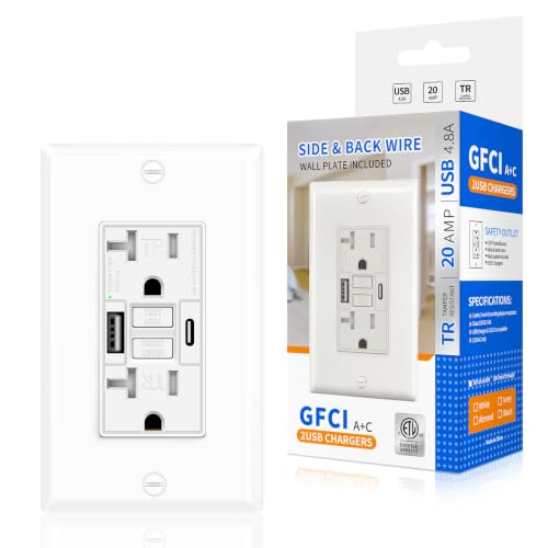 1 Pack 20A GFCI Outlet with USB A&amp;C Ports, Self-Test TR White