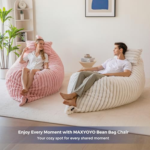 Image of MAXYOYO Giant Bean Bag Chair with Pillow, 3 in 1 Convertible Bean Bag Chair for Adults with Removable Cover, Floor Cushion Stuffed Floor Lounger for Living Room Bedroom, Pink