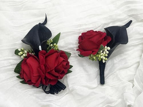 DESUNESS Red Rose Wrist Corsage Wristlet Band Bracelet and Men Boutonniere Set with Black Calla Lily for Wedding Flower Accessories Prom Suit Decorations