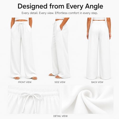 Image of Women Linen Wide Leg Pants High Waist Drawstring Elastic Waist Trousers Breathable Lightweight Summer Palazzo Pants Casual Travel Lounge Wear with Pockets
