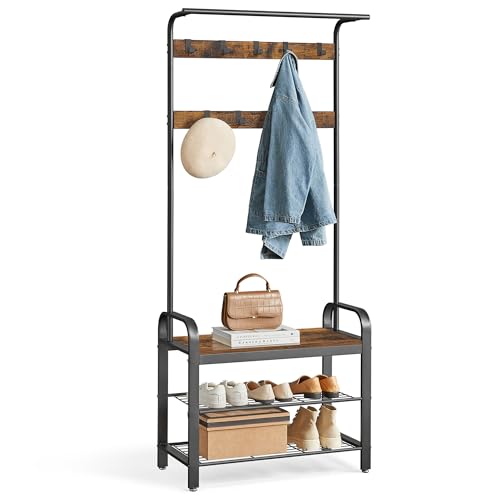 VASAGLE Perchero Zapatero, Perchero con Banco Recibidor, 4 en 1, 9 Ganchos Extraíbles, Barra Superior, para Entrada Pasillo, 33,7 x 72 x 183 cm, Industrial, Marrón Rústico y Negro HSR40B