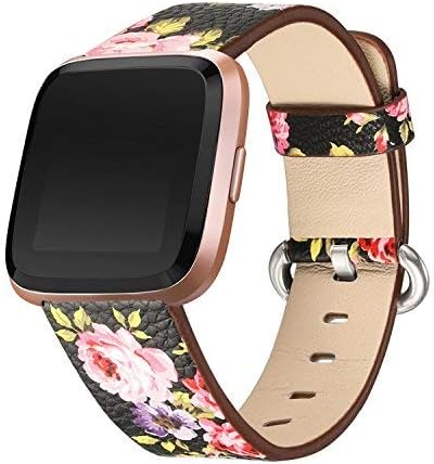 bayite Leather Bands Compatible with Fitbit Versa/Versa 2, Slim Wristband Replacement Accessories Fitness Classic Straps Women, Black/Pink Flower