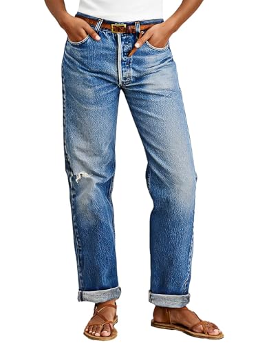 Flamingals Straight Leg Stretchy Jeans for Women Mid Rise Roll Hem Ripped Boyfriend Cuffed Jeans Without Belt
