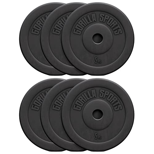 GORILLA SPORTS® Disques de Poids - Individuel ou Ensemble, 1,25kg, 2,5kg, 5kg, 7,5kg, 10kg, 15kg, 27,5kg, 30kg, Ø 30mm, Plastique, Noir - Disques d'Haltères, pour Musculation, Fitness, Domicile, Gym