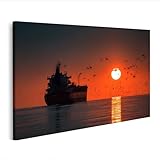 Tela di alta qualità su tela premium. Motivo: nave al tramonto con uccelli nel cielo