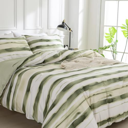 Image of TTCM King Size Duvet Cover Sets, White Green Stripe King Duvet Cover Set Soft Microfibre Polyester Bedding Set, 3 Pieces - 1 Duvet Cover 230x220cm in with Zipper Closure and 2 Pillowcases