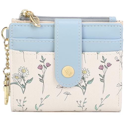 Image of Farcauo Small Floral Womens Wallet with keychain Cute Wallets for Women Thin Blue Women's Wallet Kawaii Floral and Bow Card Purse for Ladies