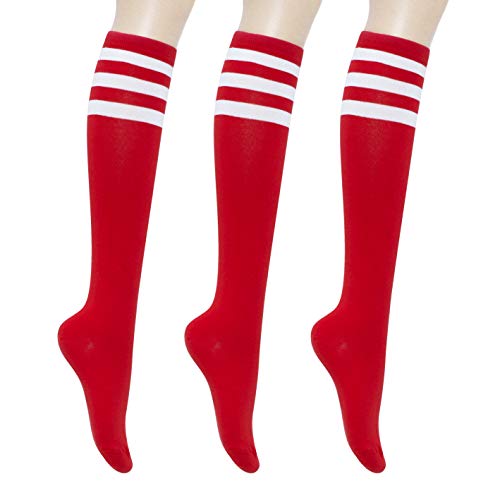 KONY Women's Cotton Knee High Socks - Casual Solid & Triple Stripe Colors Fashion Socks 3 Pairs (Womens Shoe Size 5-9) (Red Stripe - 3 Pairs)