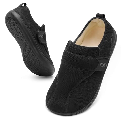 XIHALOOK Mens House Slippers Wide Diabetic Shoes with Adjustable Strap for Swollen Feet Outdoor Indoor Slippers Black, 11 Wide