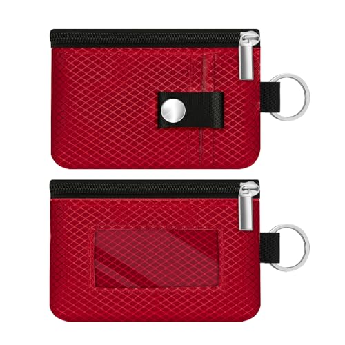 Minimalist RFID Blocking Small Wallet with ID Window,WaterResistant Zip Id Case Wallet with Lanyard Keychain for Cards,Cash,Travel,Women,Men (Red)