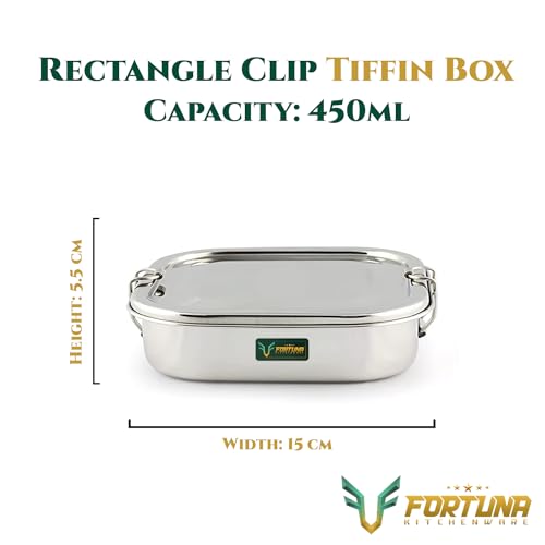 Image of Stainless Steel Lunch Box Rectangle - 450ml | Compartment Traditional Tiffin Box with Seperator Plate | Easy to Carry, Locking Clip | Ideal for School, Office, Men, Women (Small)