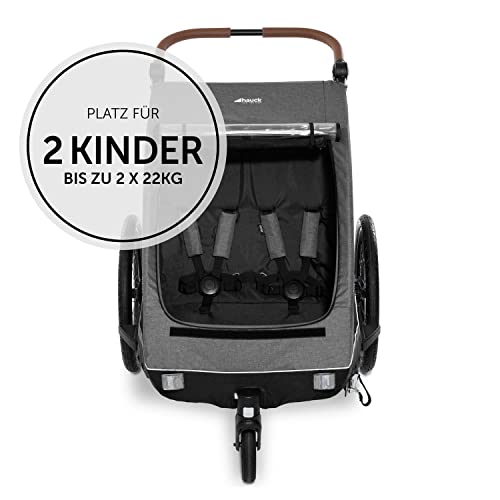 hauck Dryk Duo, Melange Grey - 2in1 Fahrradanhänger & Kinderwagen für 2 Kinder ab 6 Monaten bis 22 kg/120 cm/4 Jahre, für Zwillinge & Geschwister, Faltbar, XL Stauraum, für Fahrrad, E-Bike & Pedelec